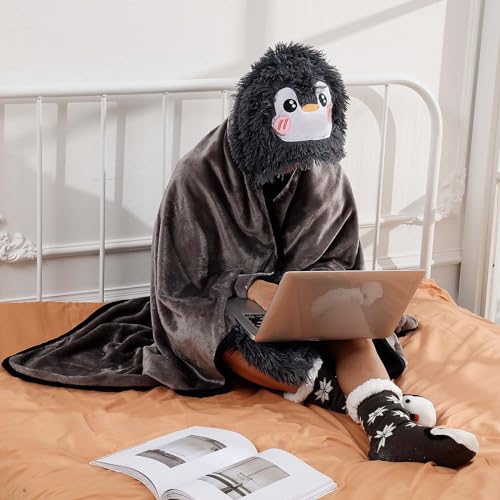 2pcs Wearable Animal Hooded Blanket for Women Girl Gift 60'' x 49'' Adult Blanket Cloak with Hoodie Fuzzy Slipper Sock - Image 6