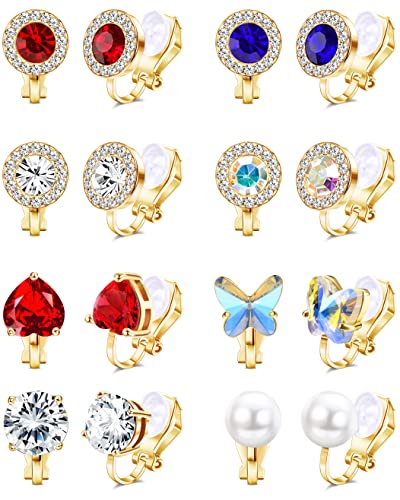 JeryWe 8 Pares Pendientes Clip pare Mujer Niñas Clip Pendientes sin agujero Perla mariposa CZ redonda Pendientes Hipoalergénico No Perforado Set Oro Rosa Plata Oro Cover