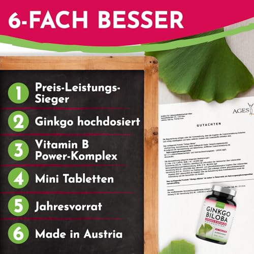 Ginkgo Biloba 6000mg po tableti, 365 komada - pobjednik cijene i učinka + Power kompleks vitamina B, bez aditiva, laboratorijski ispitano, proizvedeno u Austriji, vitamin B12 pomaže smanjiti umor
