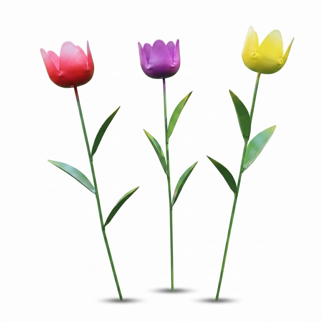 Neptuiby Flower Garden Stakes, 3 Pack Metal Flower Garden Stakes Realistic Artificial Tulips Decorative for Outdoor Yard, Lawn & Patio