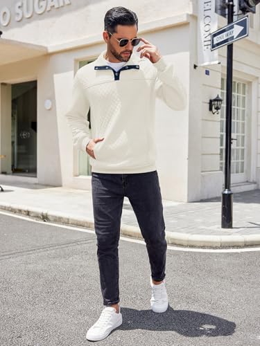 Coofandy Men Casual Outdoors Quarter Zip Active Sweatshirt Long Sleeve Quilted Slim Fit Crewneck Pullover White thumb #6