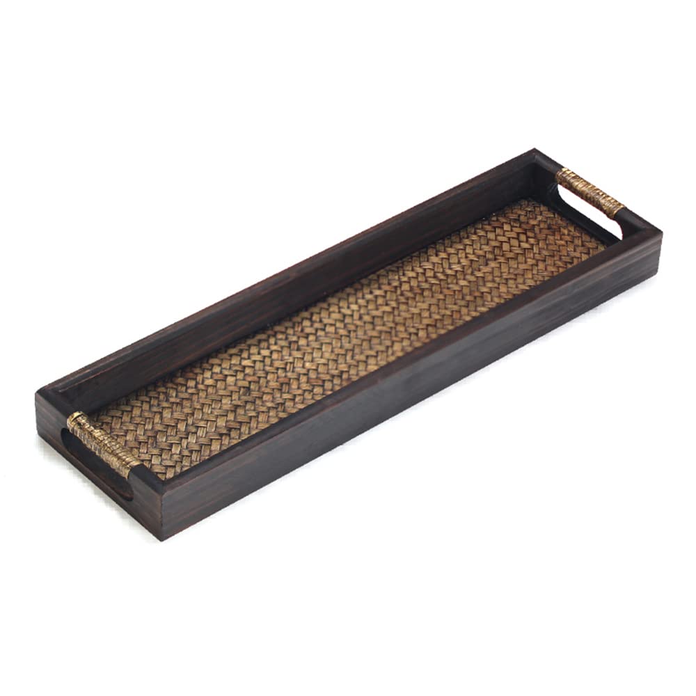 ZODIFEVI Rectangle Serving Tray with Rattan, Ottoman Tray, Wooden Tray