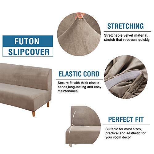 Real Velvet Futon Cover Armless Sofa Covers Sofa Bed Covers Stretch Futon Couch Cover Sofa Slipcover Furniture Protector Feature Thick Soft Cozy Velvet Fabric Form Fitted Stay In Place, Taupe #TOP1