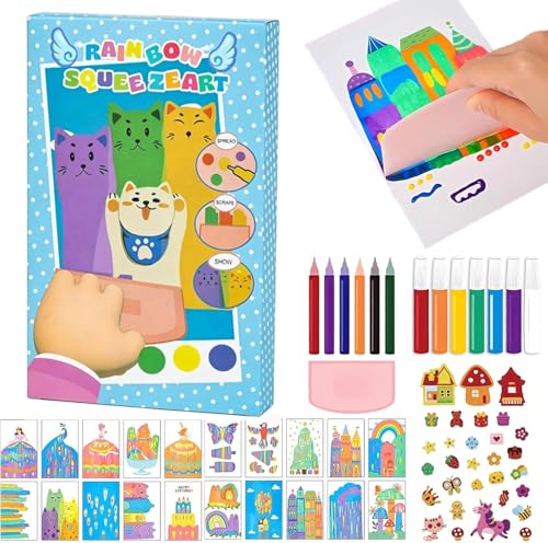 Upgrade Magic Rainbow Scratch Paper Art Set Creative Squeegee Painting Kit Rainbow Squeeze Art Kit DIY Postcards Scratch Art Gifts for Party Birthday Festival (Set A)
