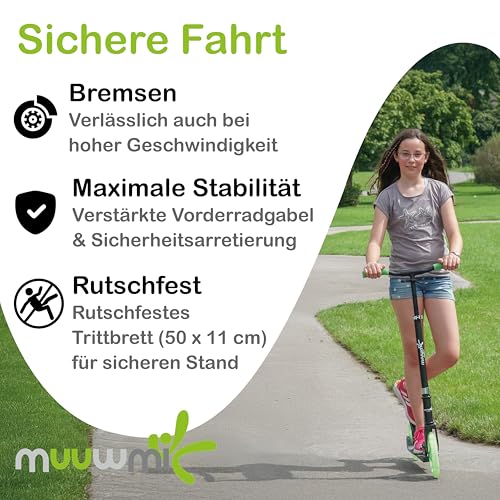 Muuwmi Lights Aluminium Scooter Glow - 145 mm R&auml;der - ABEC 7 Lager - H&ouml;henverstellbarer Lenker - Geeignet f&uuml;r Kinder - GS-Zertifiziert - Bis zu 100 kg - mit Leuchtrollen - Tretroller in gr&uuml;n-schwarz