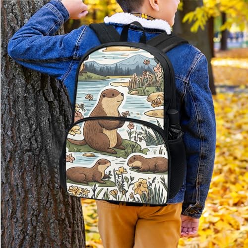 Animal School Backpack Set for Girls Boys Elementary School Bag Cute Cartoon Beaver Backpack with Lunch Box Sturdy Comfy Breathable Back Lightweight 17 Inch Boys Girls Bookbag Ages 6-123