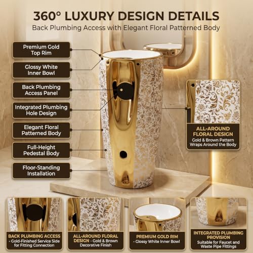 Image of InArt Freestanding Pedestal Wash Basin for Bathroom, Luxury Floor Standing Ceramic Basin with Gold Rim and Floral Pattern, 15 x 15 Inch Bowl, 34 Inch Height, White & Gold
