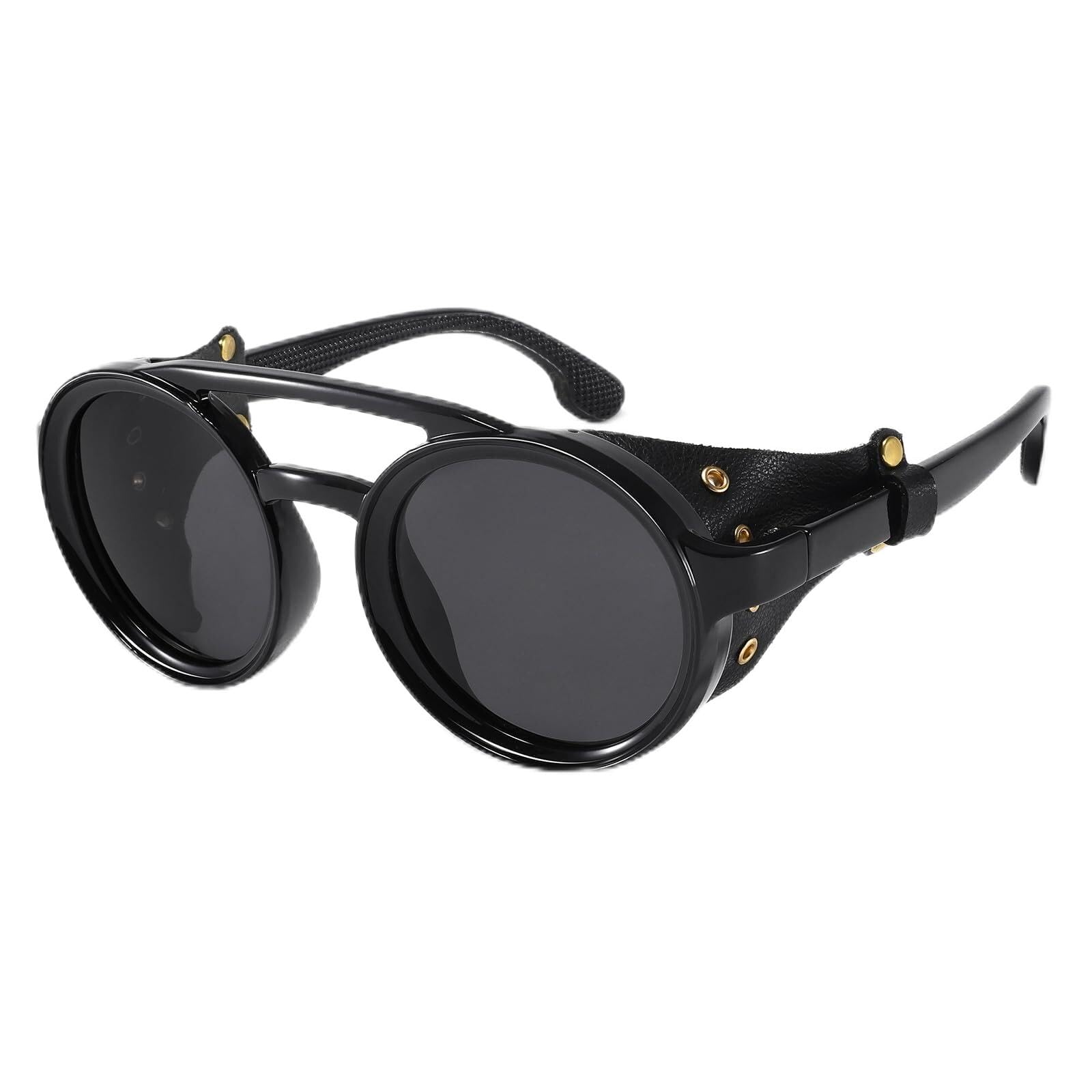 XIOVGRIOKK Unisex vintage polarized round steampunk sunglasses featuring leather side shields and a double-bridge design(Black)