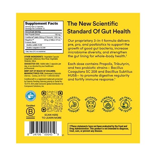 Beekeeper's Naturals Complete Gut Health, 3-in-1 Prebiotic, Postbiotic, Probiotics for Digestive Health & Bloating Relief for Women & Men, Propolis Powered, Gluten-Free Vegan Capsules, 20ct - Image 3