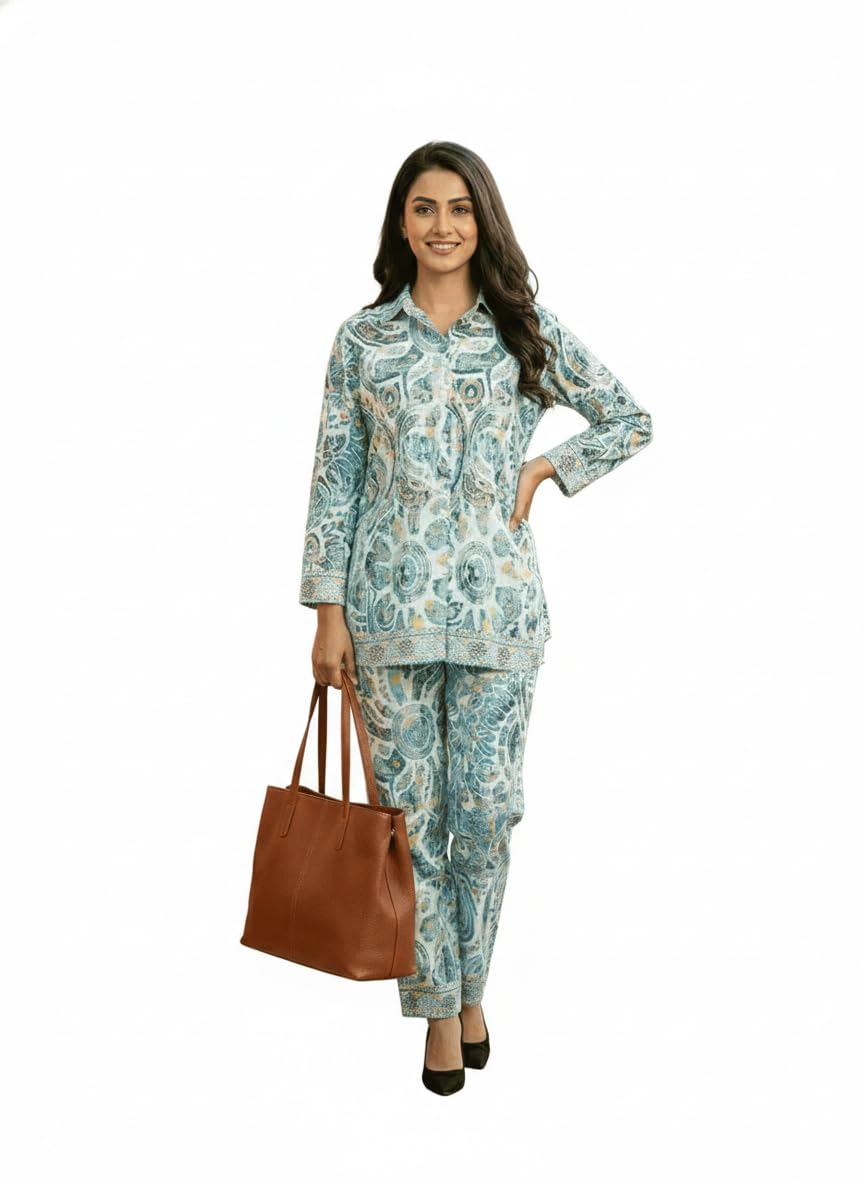 Womens Azure Paisley Printed Co-ord Set, Chic Teal and White Ethnic Tunic with Trouser Ensemble-image-32