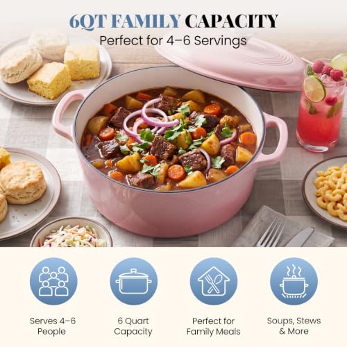 DUMOS Enamel Cast Iron Dutch Oven, 6 Quart Pot with Lid, Gradient Pink - Image 2