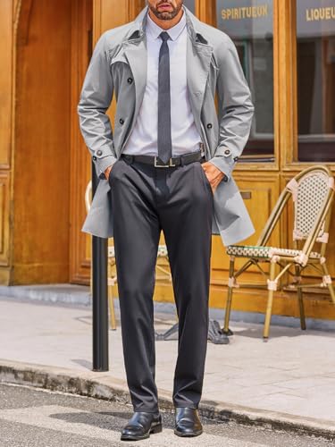 Image of Runcati Mens Double Breasted Trench Coat Notched Lapel Windbreaker Jackets Causal Overcoat With Belt