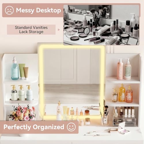 Image of YESHOMY 35.4 inch Vanity Desk with LED Mirror and Lights,Makeup Vanity with 2 Storgae Drawers, 2 Side Shelves, and Open Storage Shelves, 3 Color Modes, for Bedroom, Snow White