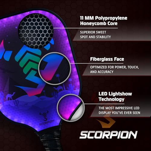 Image of SCORPION LED Pickleball Paddles Set of 2 or 1 - Lightweight Rackets with LED Edge Lighting | Carbon Fiber /Fiberglass /Wood Face | Durable Paddles for Women, Men, and Kids | Includes Bonus Accessories