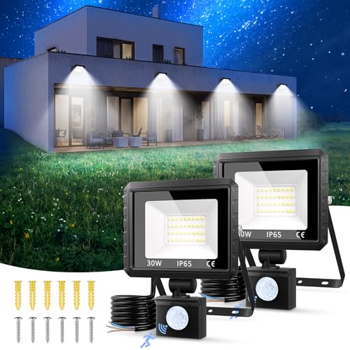 2 Stück LED Strahler mit Bewegungsmelder Außen, 30W 3000 LM Außenlampe 6500K Kaltweiß Superhell...