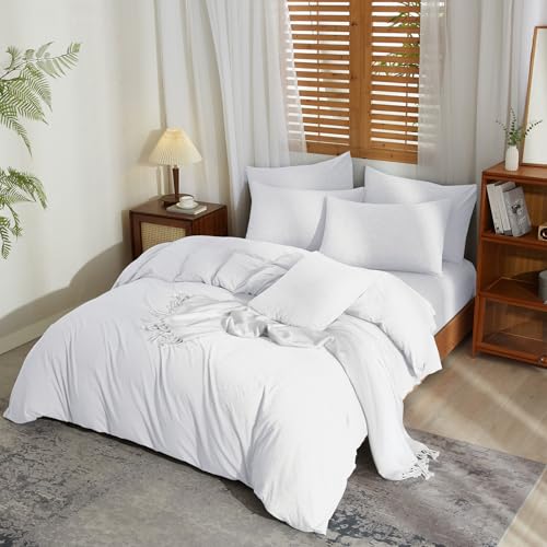 YASMENG Halbleinen Bettwäsche 135x200 Weiß Bettwäsche Leinen und Baumwolle Bettwäsche Modern Weich Atmungsaktiv Kuschelig Leinen Bettbezug Set...