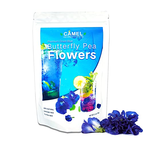 Camel 100% Pure Natural Dried Butterfly Pea Flower Tea 2.5 Oz Antioxidant Rich Healthy Clitoria Ternatea Flower Herbal Blue Tea From Thailand Blue Matcha Blue Latte Drinks, Food Coloring, Baking Smoothies Beverage #TOP22