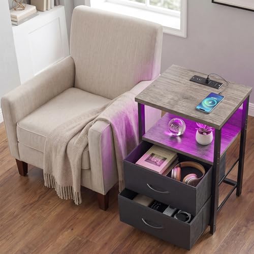 Image of Fixwal Night Stand with Charging Station, LED Nightstand with U-S-B Ports and Outlets, 2 Fabric Storage Drawers with PU Finish, Bed Side Table, French Oak