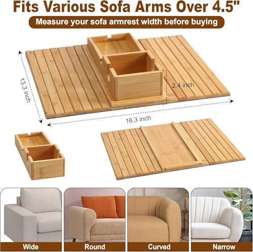 Image of MISHAVI Sofa Armrest Tray - Premium Wooden Arm Tray with Cup Holder | Flexible Couch & Bed Tray, Wooden Mat, Sofa Side Cover, Sofa Accessories