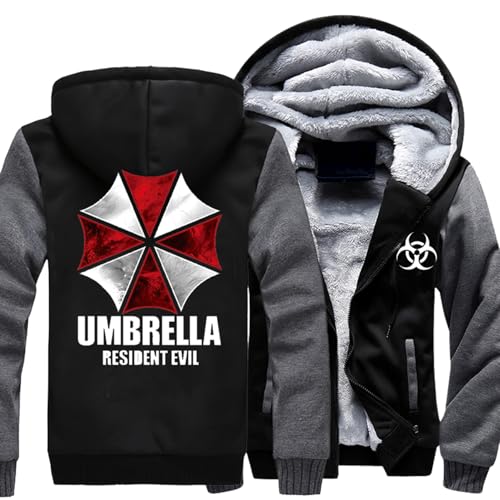 MODRYER Sweat À Capuche Homme pour Resident Polaire Chaud Épaisse Veste Zippé Sweatshirt À Capuche pour Evil Hiver Hoodie Jacket pour Umbrella Pull A Capuche,Black Grey-L