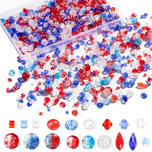 1000PCS Red Blue Glass Beads 4th of July Crystal Patriotic DIY Bracelets Beads for Jewelry Necklace Wristband Earring Key Chain Crafts Kit (Red Blue White)