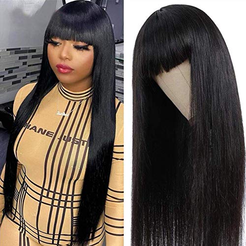 Brazilian 10a Virgin Human Hair Straight Wave Wigs With Bangs None Lace Front Wigs Silky Straight Glueless Machine Made Wigs For Black Women 180% Density(28inch Long Wig with Bangs) by BEIBAO