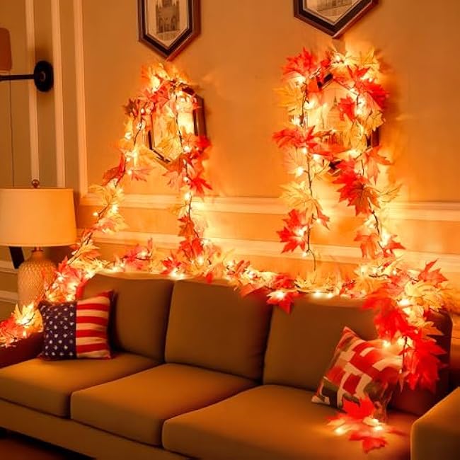 9FT Fall Decorations for Home Large Leaves Fall Garland with Lights Plug in 50 Bulbs Connectable Thanksgiving Garland String Lights for Outdoor Indoor Harvest Fireplace Fall Decor£¨2 Packs£©