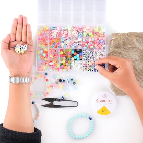 Image of ambitieux DIY Bracelet Making Kit - 24 Colorful Beads, 10m Elastic Thread, Jute Bag, and Cutter - Gift for Girls Birthdays (Double Multicolor 2)