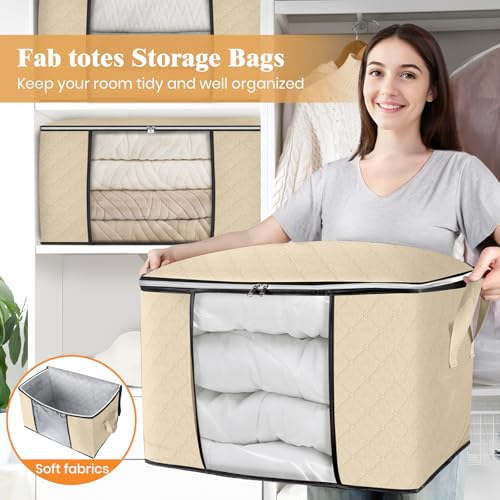 Image of Fab totes 24 Gallons Clothes Storage, Foldable Thick Fabric Blanket Storage Bags, Containers for Organizing Bedroom, Closet, Clothing, Comforter, Organization with Handle (10 Pack,Beige)