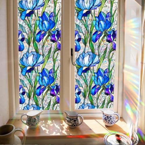 Image of JOONOR Blue Iris Flowers Sunroof Film Floral Rainbow Effect Static Clings Window Privacy Film Sun Protection Stained Glass Decals for Car Moonroof & Side Windows, 17.72 x 35.43 Inch
