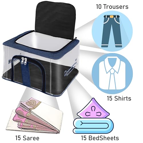 Image of Storite 4 Pack Nylon 33 L PVC Transparent Moisture Proof Storage box for Clothes Closet Wardrobe Organizer for Clothes Saree Bags with Carry Handle (DarkBlue, 44L x 31W x 24H cm)