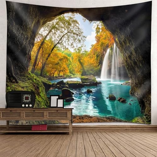 Tapisserie cascade et grotte 150x150 cm pour décoration murale de salon