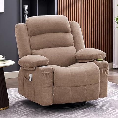 Rocker Recliner Chair with Heat and Massage, 360° Swivel Recliner Chairs for Adults, Oversized Recliner Single Sofa Seat with Cup Holders, Brown Cover