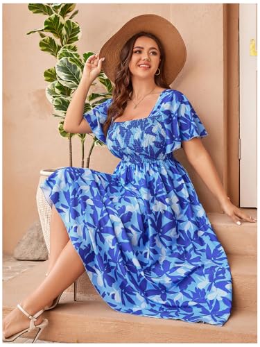 Image of Floerns Women's Plus Size Floral Square Neck Flounce Short Sleeve A Line Maxi Dress