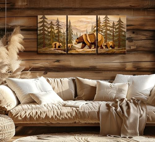Image of Frimeeme 3-Piece Framed Rustic Forest Bear Canvas Wall Art,16x24 Inch | Woodland Cabin Decor, for Cabin, Farmhouse, Living Room, Bathroom,Ready To Hang