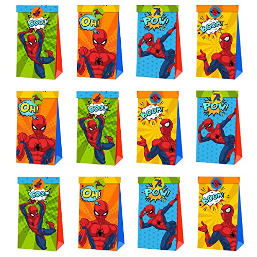 Spiderman Sacs cadeaux, 12 pièces Sacs de Bonbons en Papier Kraft avec 18 Autocollant Cadeaux Sacs de fête anniversaire Garcon et Filles pour de Noël Anniversaire Enfant Fête,Le thème de la fête Cover