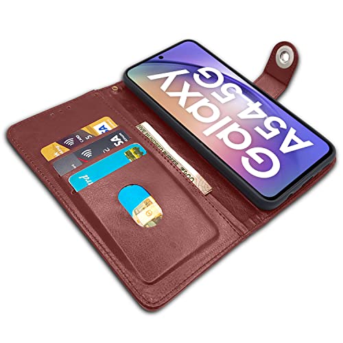 Image of Pikkme Samsung Galaxy A54 5G Flip Cover Leather Finish | Inside TPU with Card Pockets | Wallet Stand and Shock Proof | Complete Protection Button Flip Case (Brown)