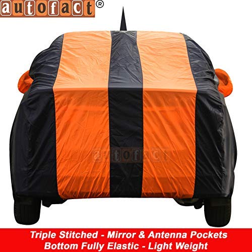 Image of Autofact Car Body Cover for New Hyundai Elite I20 2021 Onwards (Mirror Pocket, Premium Fabric, Triple Stiched, Fully Elastic, Orange /Blue Color)