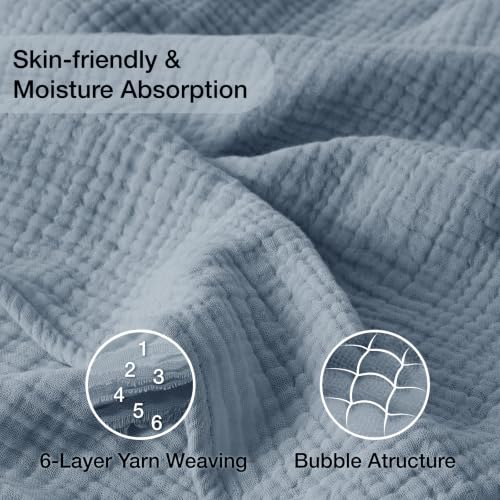 Image of Cotton Muslin Blankets for Adults, 6-Layer Large Throw, 50 x 70, Dusty Blue