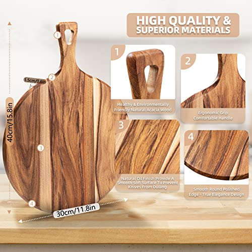 Acacia Wood Cutting Board Pizza Peel - Evnsix Round Cutting Boards With Handle For Kitchen,Wooden Chopping Board Countertop For Meat, Bread, Vegetables Fruits Charcuterie Cheese Serving Paddle Board #TOP1