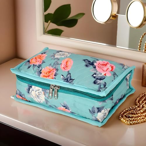 Image of Kuber Industries Flower Printed Portable Cotton Jewellery Organizer /Case /Bag With 6 Transparent Pockets (Green)