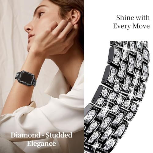 Image of wutwuk Compatible Bling Apple Watch Straps 44mm with Bling Case, Black Sparkling Metal Woman iWatch Replacement Strap, Diamond Rhinestone Wristband for Apple Watch Series SE 2 SE 6 5 4 44mm-Black