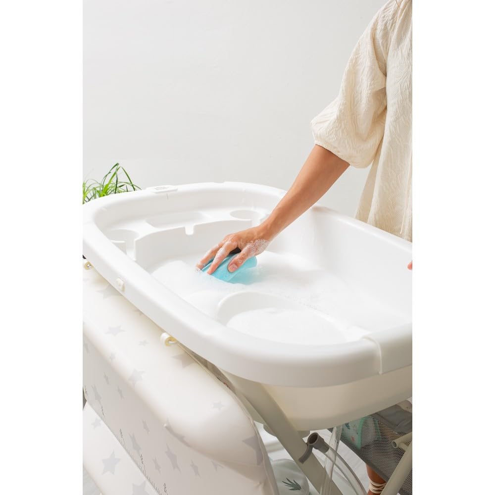 Interbaby Bañera Bebé Cambiador Plegable Patas, Ruedas, Hamaca (Dino) | Bañera con cambiador 2 en 1, hamaca anatómica extraíble, patas antideslizantes, altura ergonómica, portátil