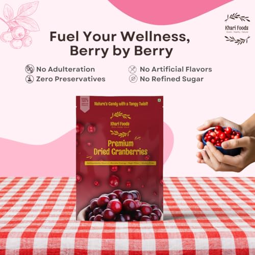 Image of Khari Foods Dried Cranberries, Dry Fruit Berries, Rich in Antioxidants, Energy Booster, No Preservatives (100g)