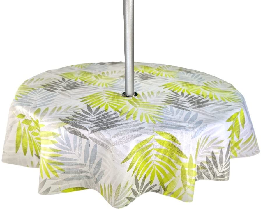 Karina Home Round Outdoor Garden Tablecloth with Parasol Umbrella Hole Exotic Palm Leaves Grey and Green Wipe Clean Round 138cm