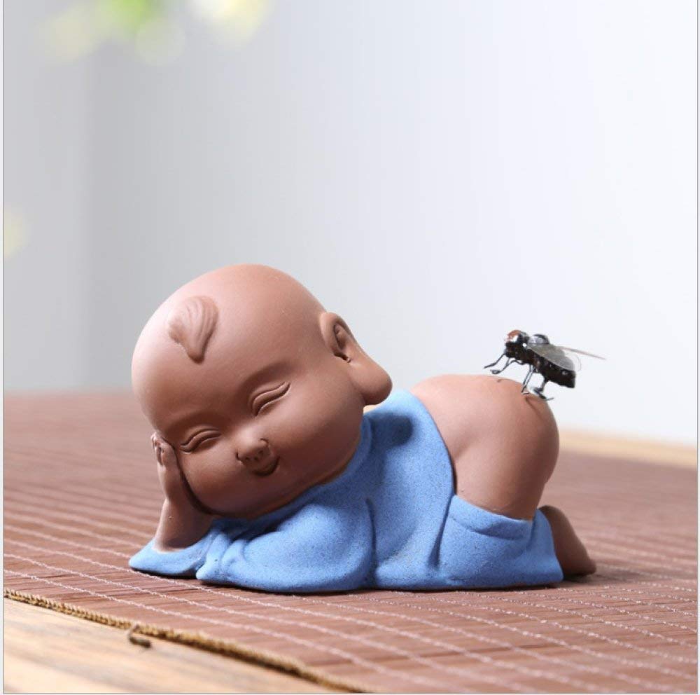 ZD-DZ Statue Sculpture Figurine Statuette,Blue Clothes Little Monk Funny Flies Home Decoration Statue Purple Sand Tea Pet Decoration Sculpture Color Purple Sand Buddha Statue