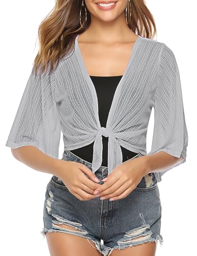 Image of iClosam Women Tie Front Chiffon Shrug Short Sleeve Cropped Sheer Bolero Shrug Cardigan