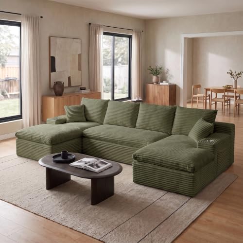 Image of 120 inch Modular Sectional Sofa, U-Shape Boneless Couch, Green