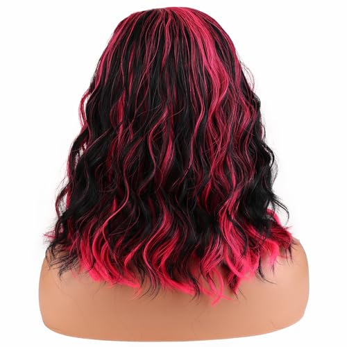 Image of BERON Women Black Highlights Hot Pink Short Curly Wavy Wig for Girls Two Tone Shoulder Length Body Wave Synthetic Halloween Cosplay Daily Party Wigs