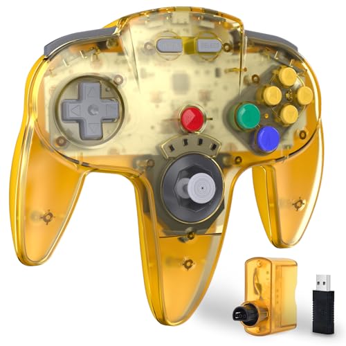 Image of KIWITATA Wireless N64 Controller for Switch 1 /Switch 2, 2.4GHZ N64 Remote Joystick Game Controller Compatible with Switch Console, Raspberry Pi, MAC, Windows 7 /8,10,11 Clear Yellow